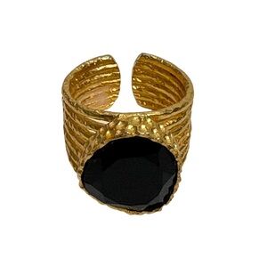 CHRISTINA GREEN 18k Gold Plated Adjustable Statement Ring with Black Stone
